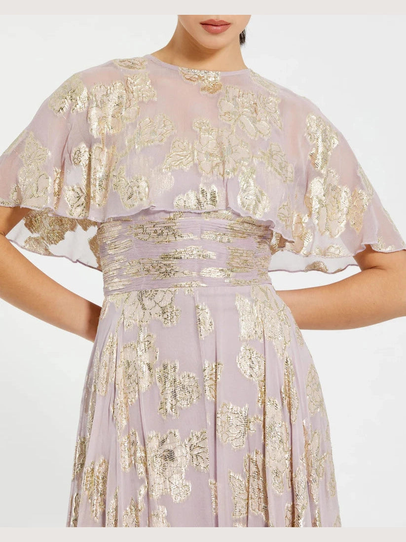 Floral Print High Neck Cape Sleeve A Line Gown