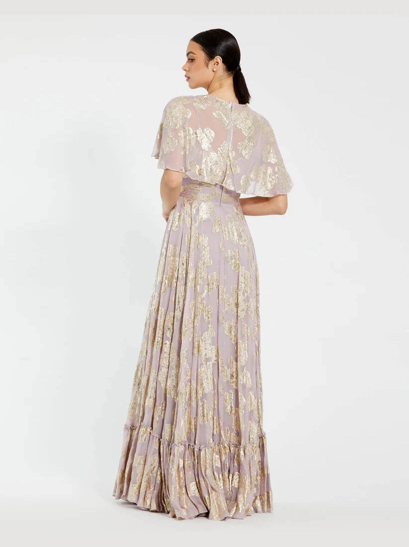 Floral Print High Neck Cape Sleeve A Line Gown