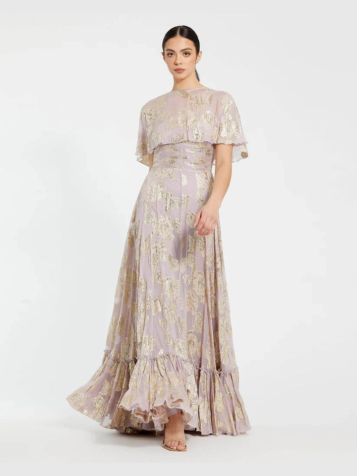 Floral Print High Neck Cape Sleeve A Line Gown