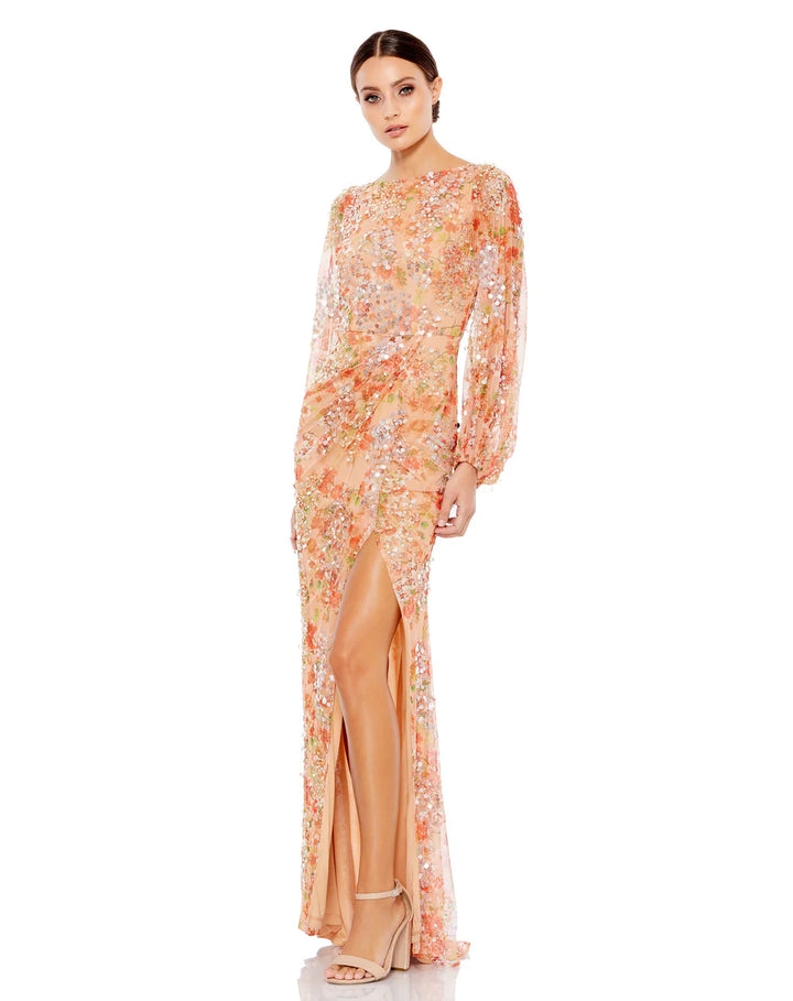 Floral Print Sequined Puff Sleeve Dress