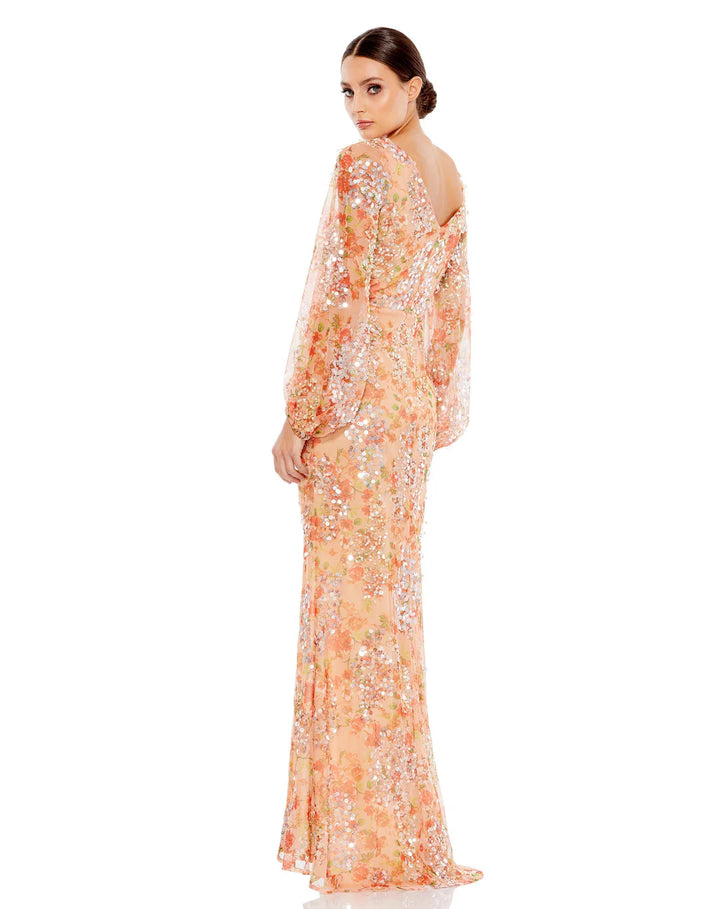 Floral Print Sequined Puff Sleeve Dress