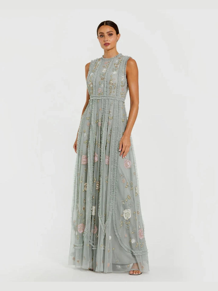 Floral Mesh Sleeveless A Line Micro Ruffle Gown