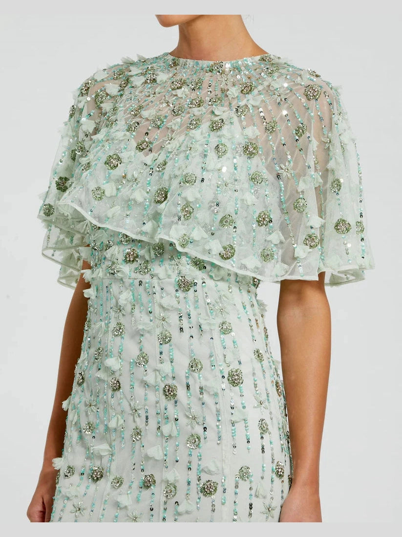 Embellished Illusion Cape Sleeve Trumpet Gown