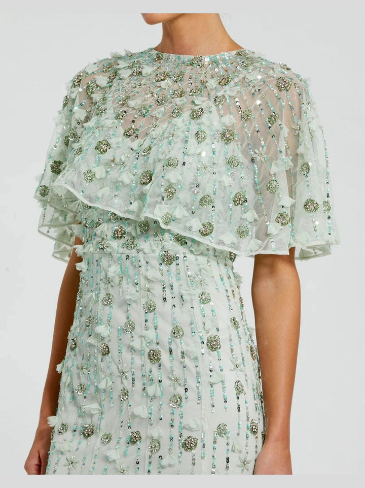 Embellished Illusion Cape Sleeve Trumpet Gown
