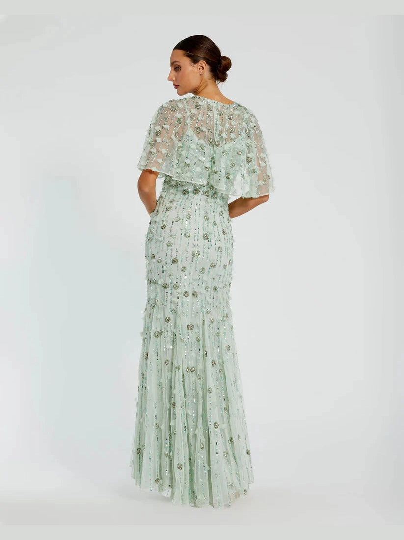 Embellished Illusion Cape Sleeve Trumpet Gown