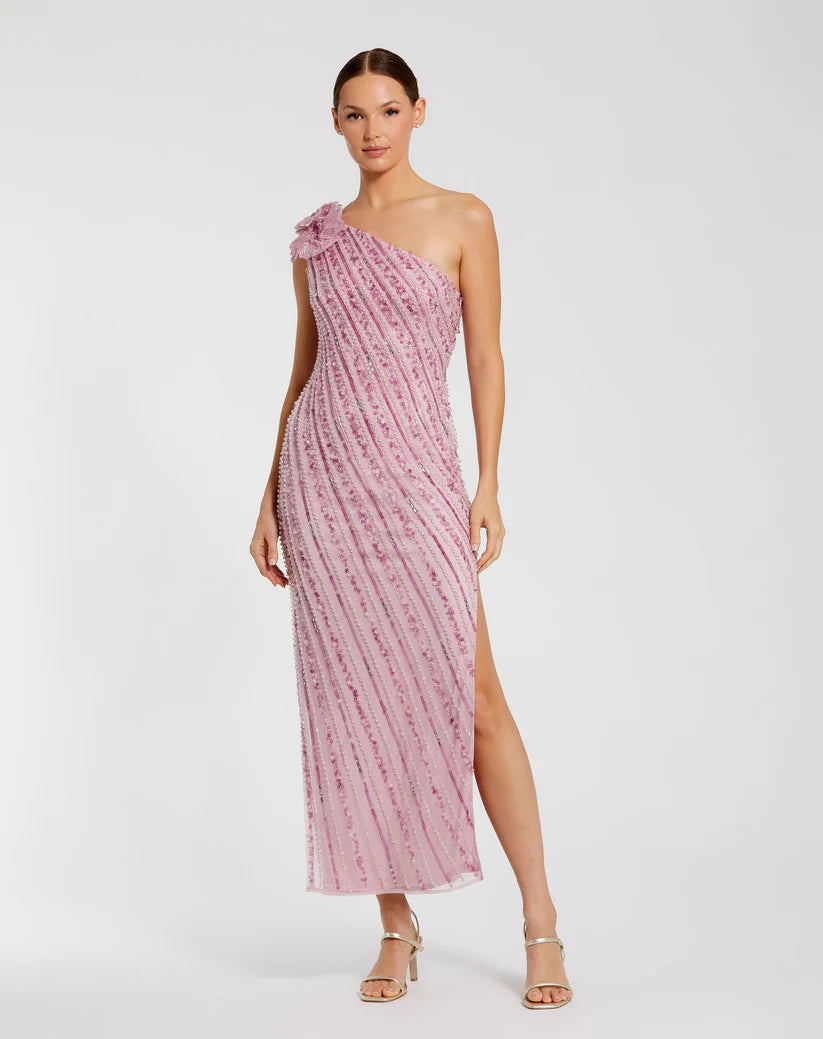 Pink One Shoulder Beaded Mesh Dress With Flower