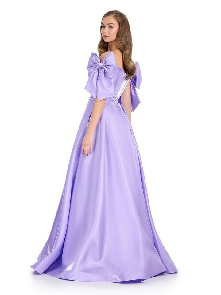 Satin A-Line Gown with Corset Bustier & Off Shoulder Bows