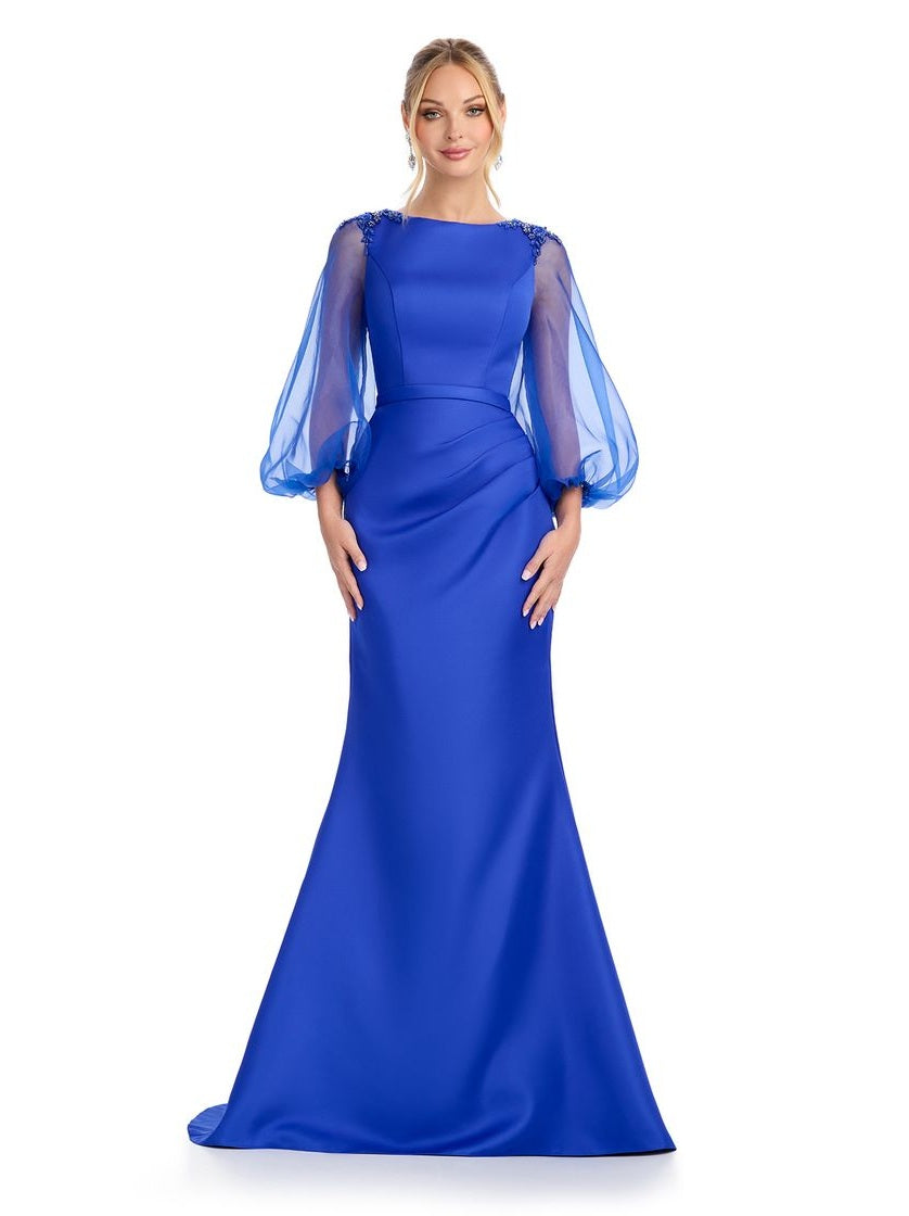 Fitted Satin Gown with High Neck & Oranza Sleeves