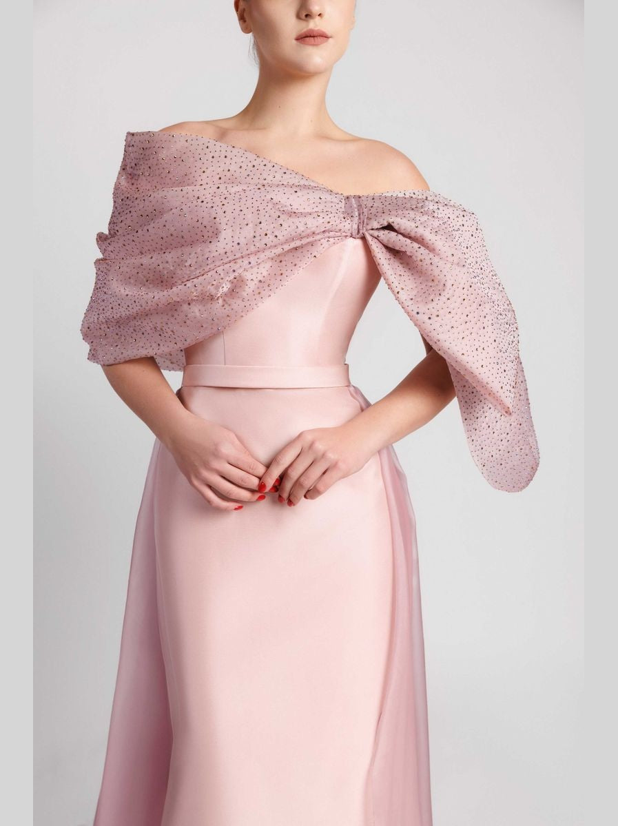 Asymmetric Column Dress with Crystal-Embroidered Bow