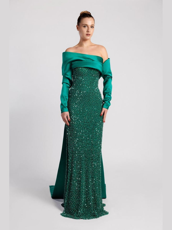 Emerald Sequined Long-Sleeved Mermaid Evening Dress