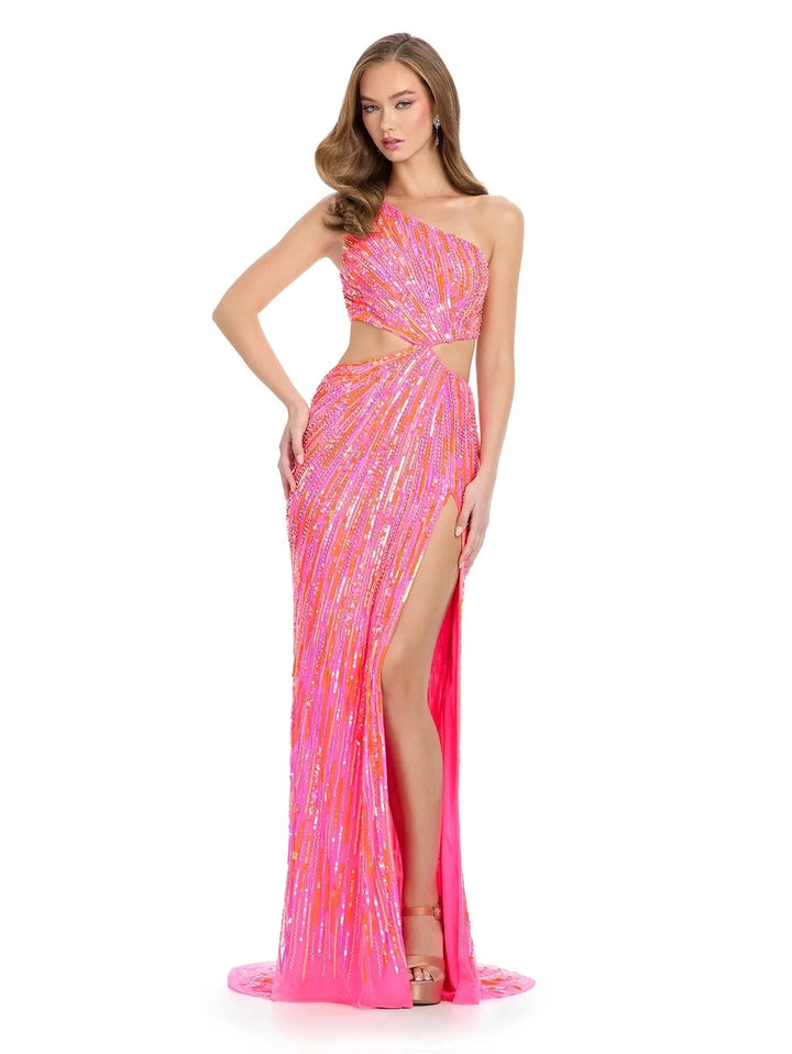 One Shoulder Beaded Gown with Cut Outs