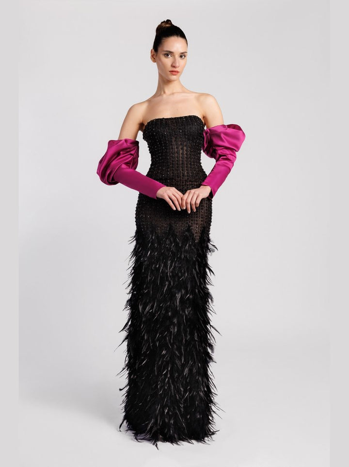 Strapless Evening Dress with Feather Skirt and Satin Puffy Sleeves