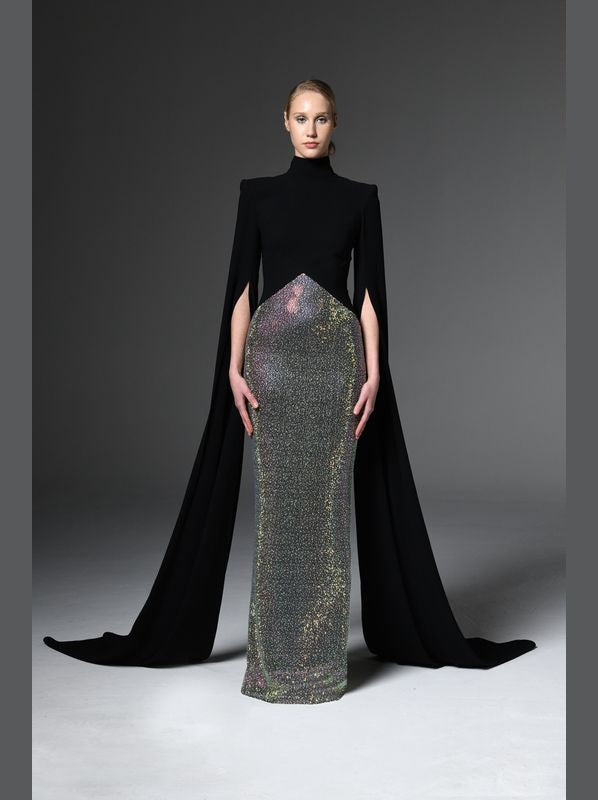 Crystal Studded Dress with Cape Sleeves