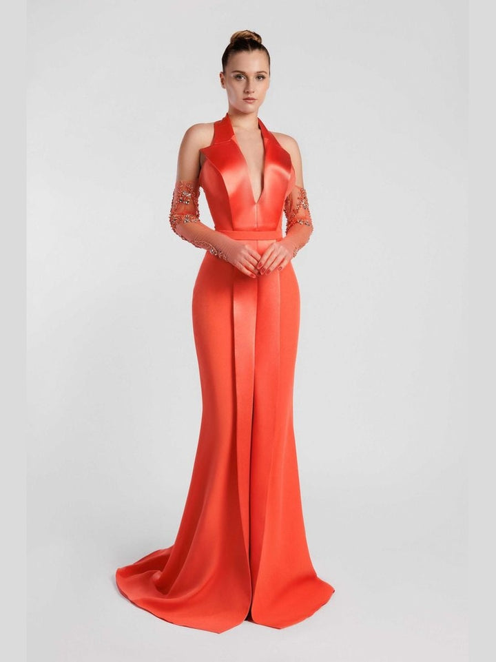 Halter Neck Mermaid Evening Dress with Plunging V Neckline and Gloves