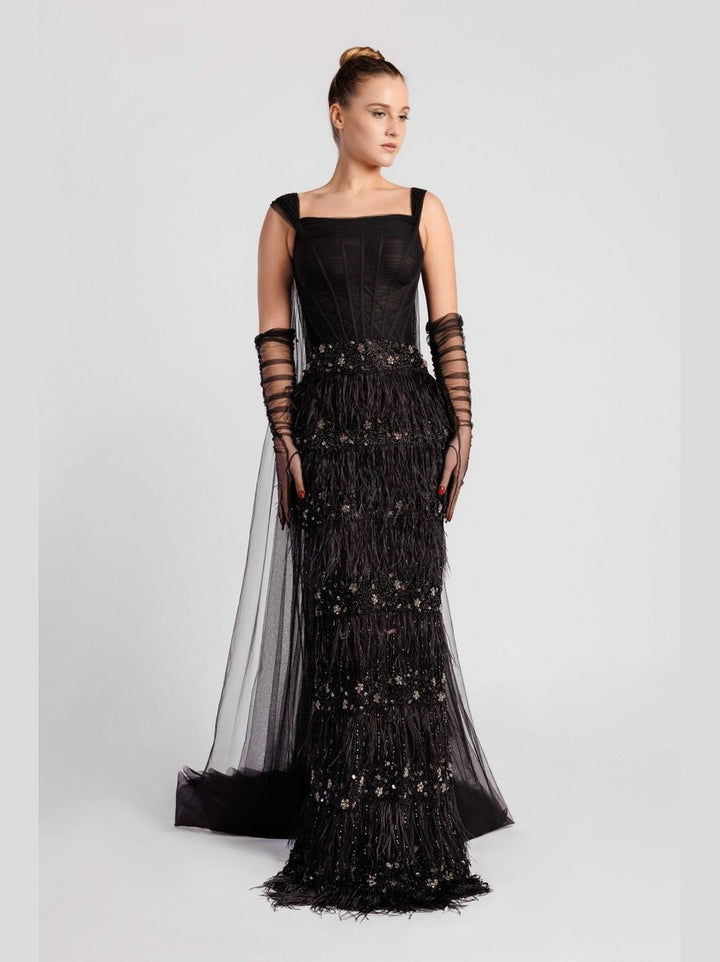Sleeveless Evening Dress with Embroidered Corset Bodice