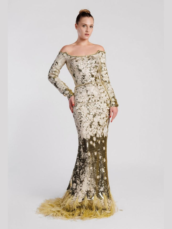 Embroidered Mermaid Evening Dress with Feathered Hem