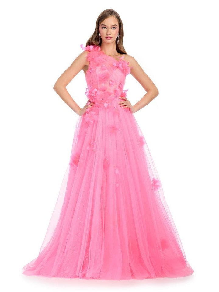One Shoulder Tulle Ball Gown with Floral Accents