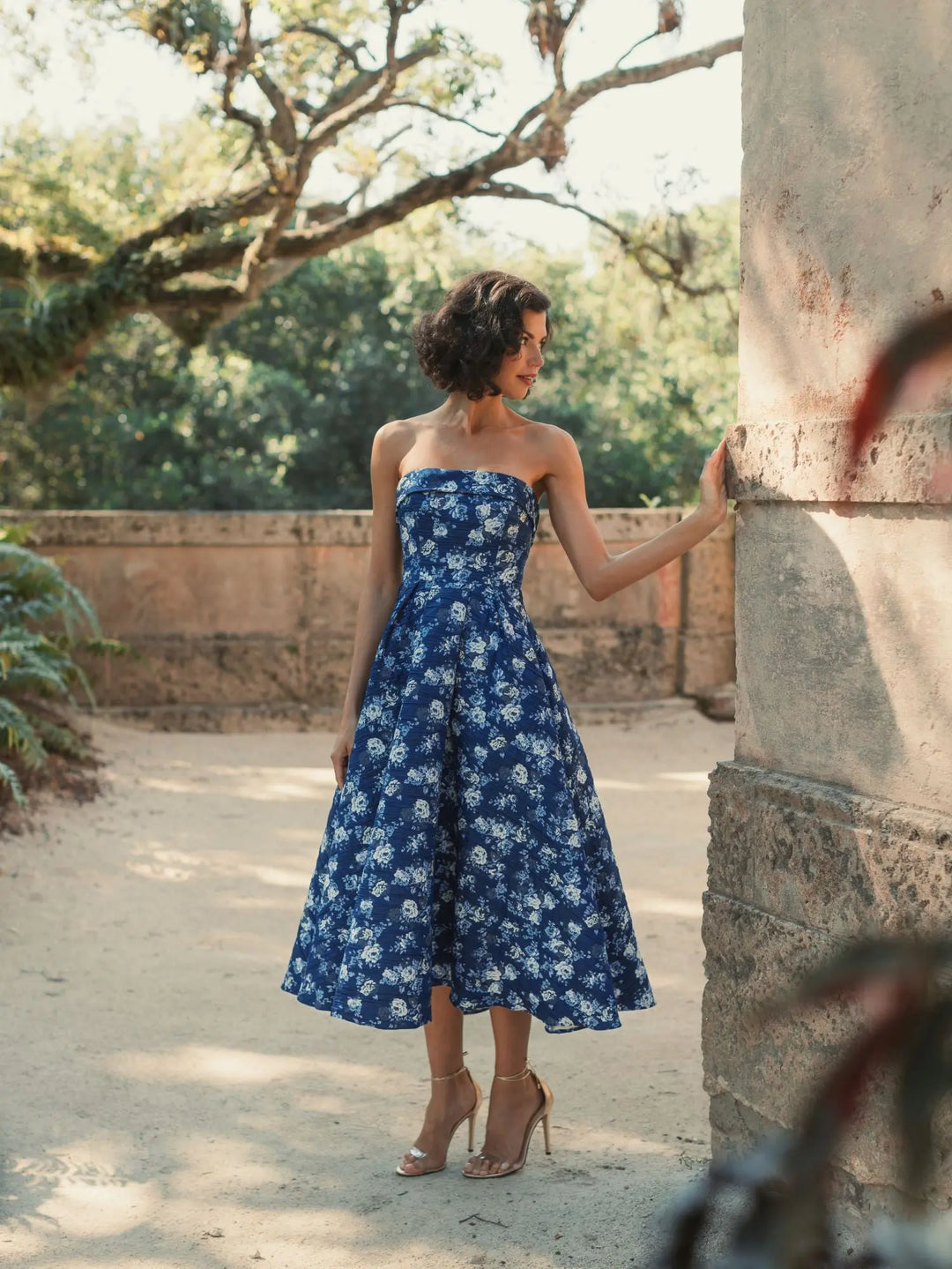 Strapless Brocade Midi Dress