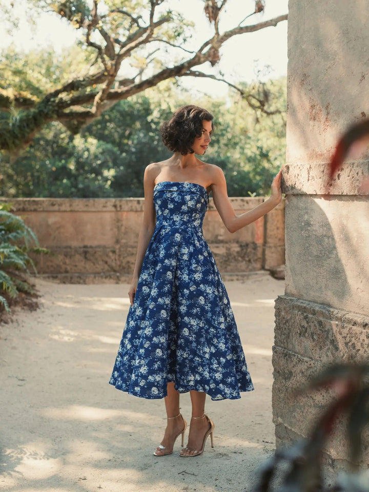 Strapless Brocade Midi Dress