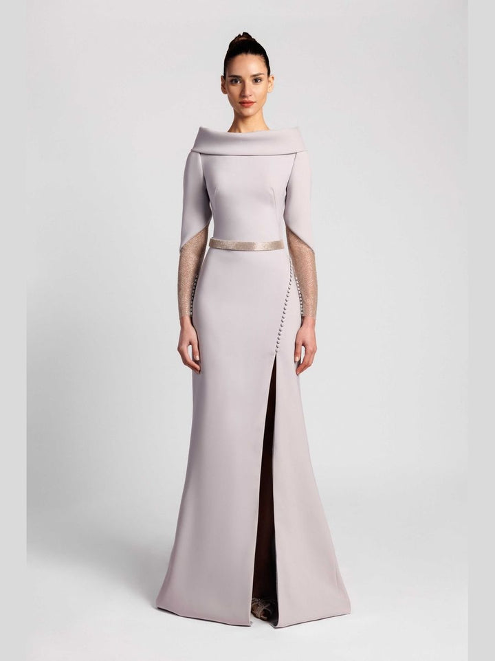 Mermaid Evening Dress with Embroidered Sleeves and Asymmetric Slit