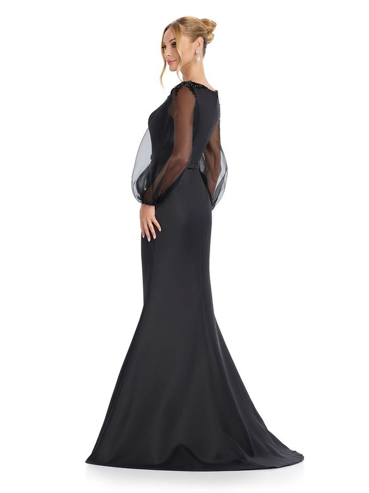 Fitted Satin Gown with High Neck & Oranza Sleeves