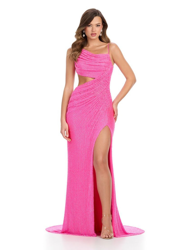 Beaded Gown with Cut Out & Slit