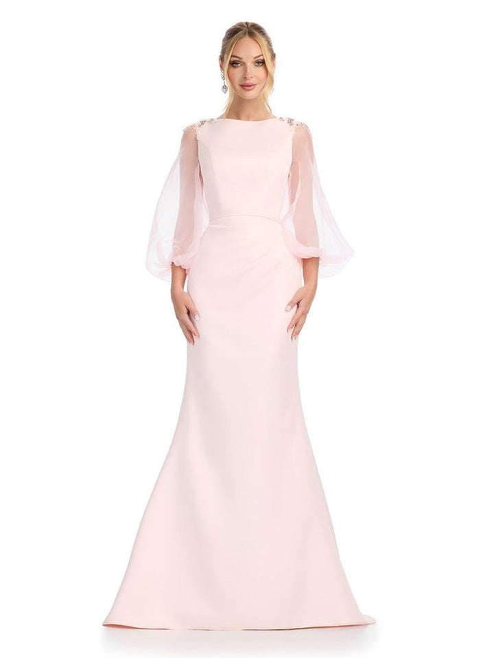 Fitted Satin Gown with High Neck & Oranza Sleeves