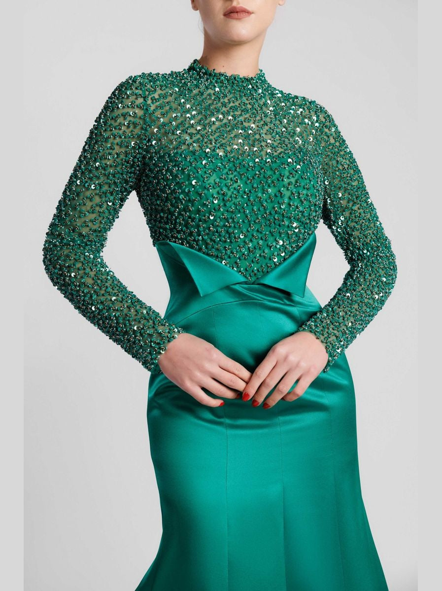Emerald Sequined Long-Sleeved Mermaid Evening Dress