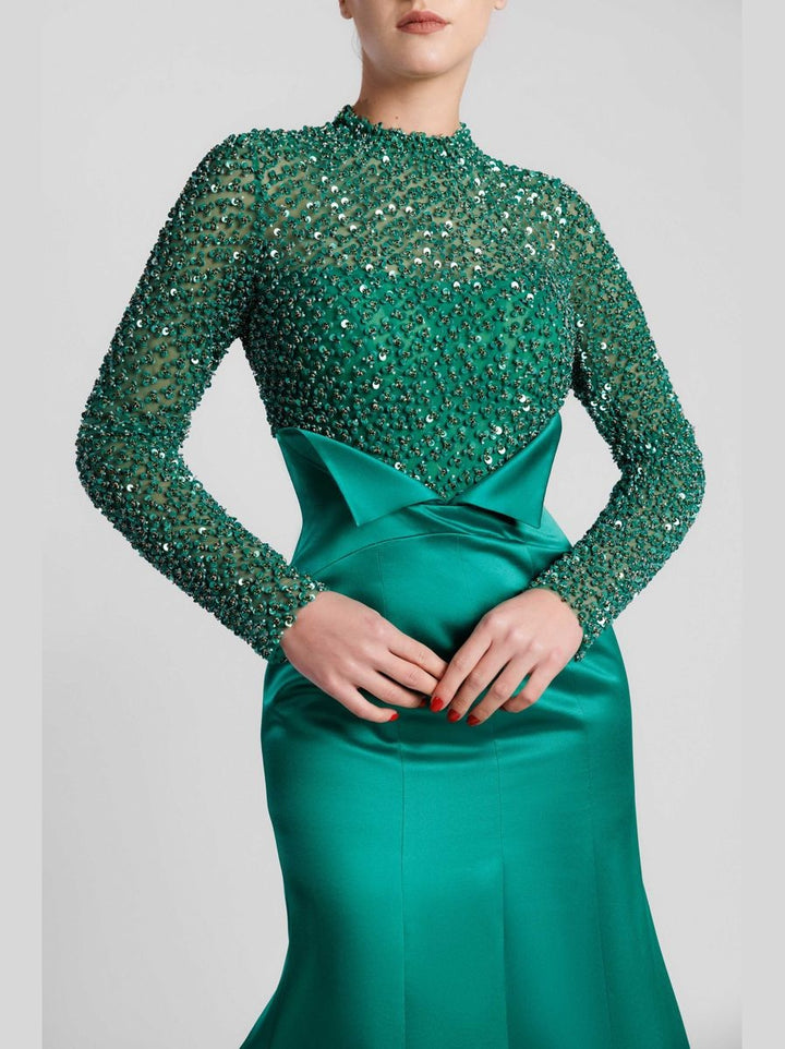 Emerald Sequined Long-Sleeved Mermaid Evening Dress