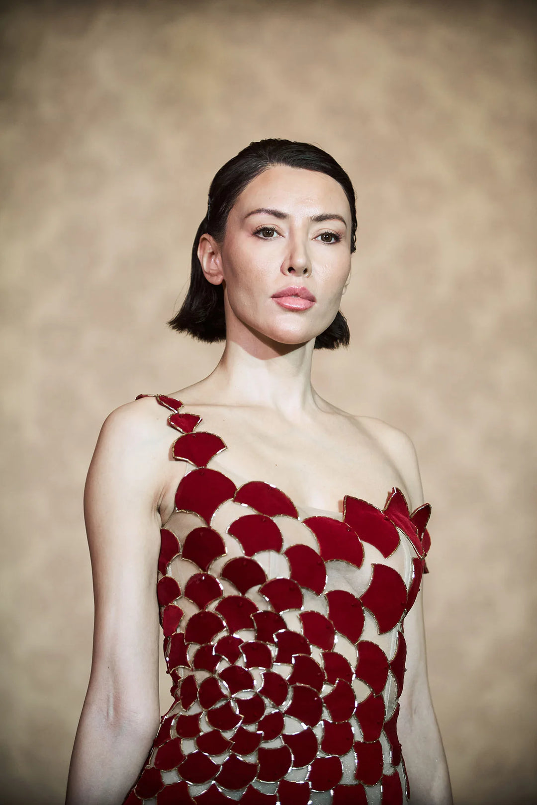 A-line sheer tulle dress with red velvet fabric cuts