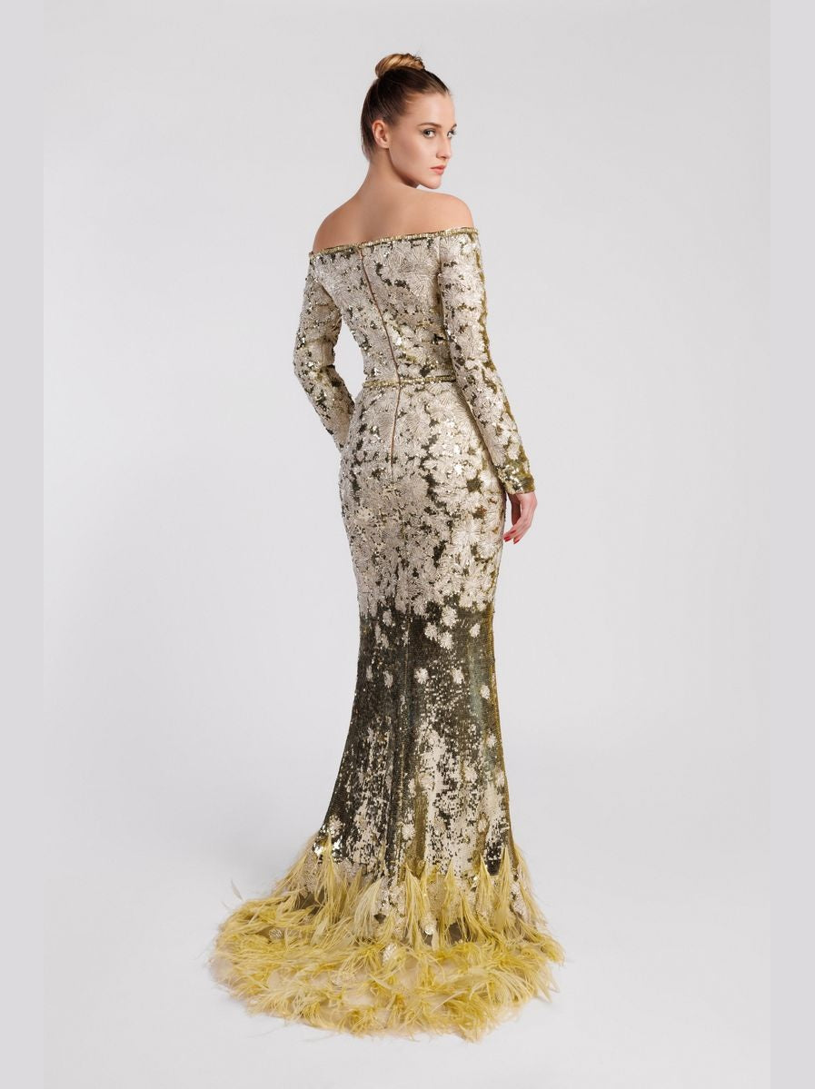 Embroidered Mermaid Evening Dress with Feathered Hem