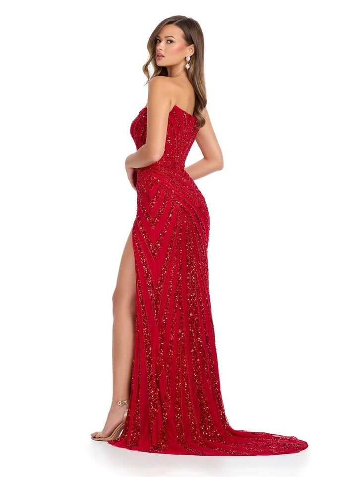 Fully Beaded Strapless Gown with Slit