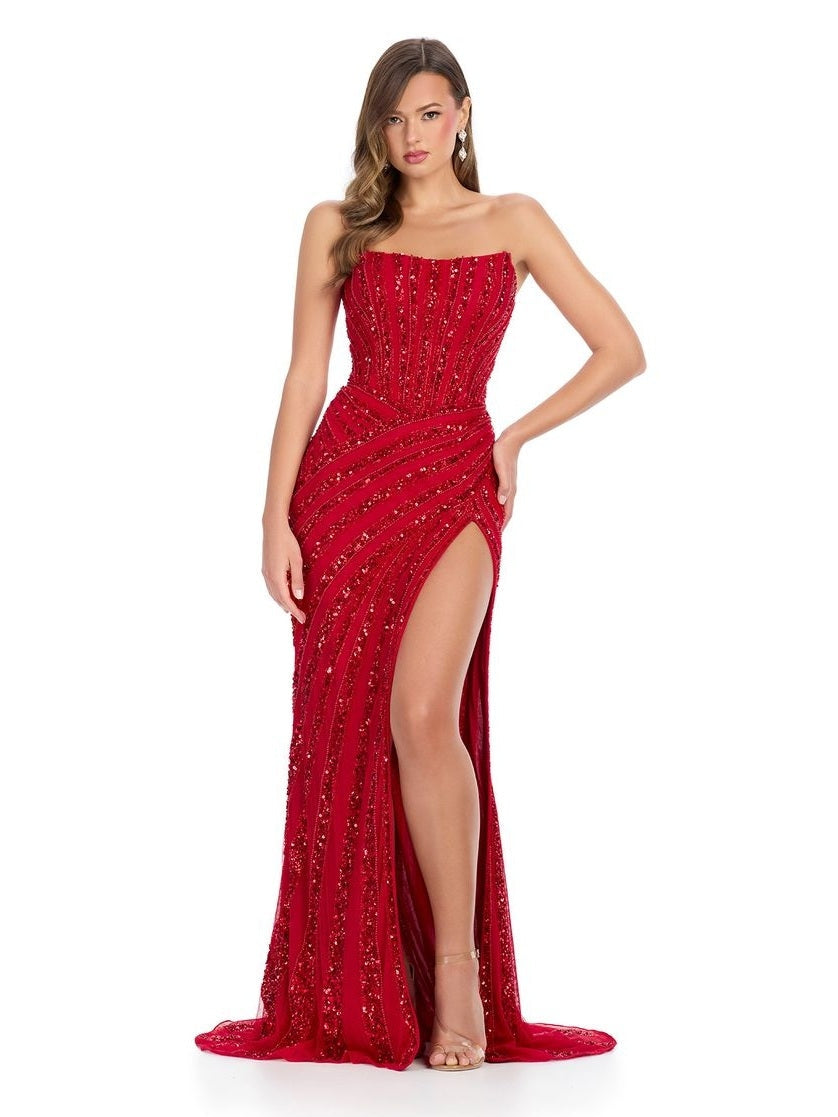 Fully Beaded Strapless Gown with Slit