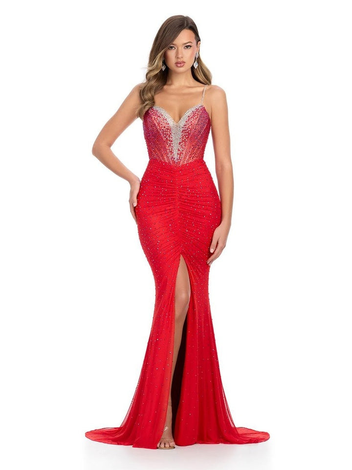 Spaghetti Strap Gown with V Neckline & Press On Stones