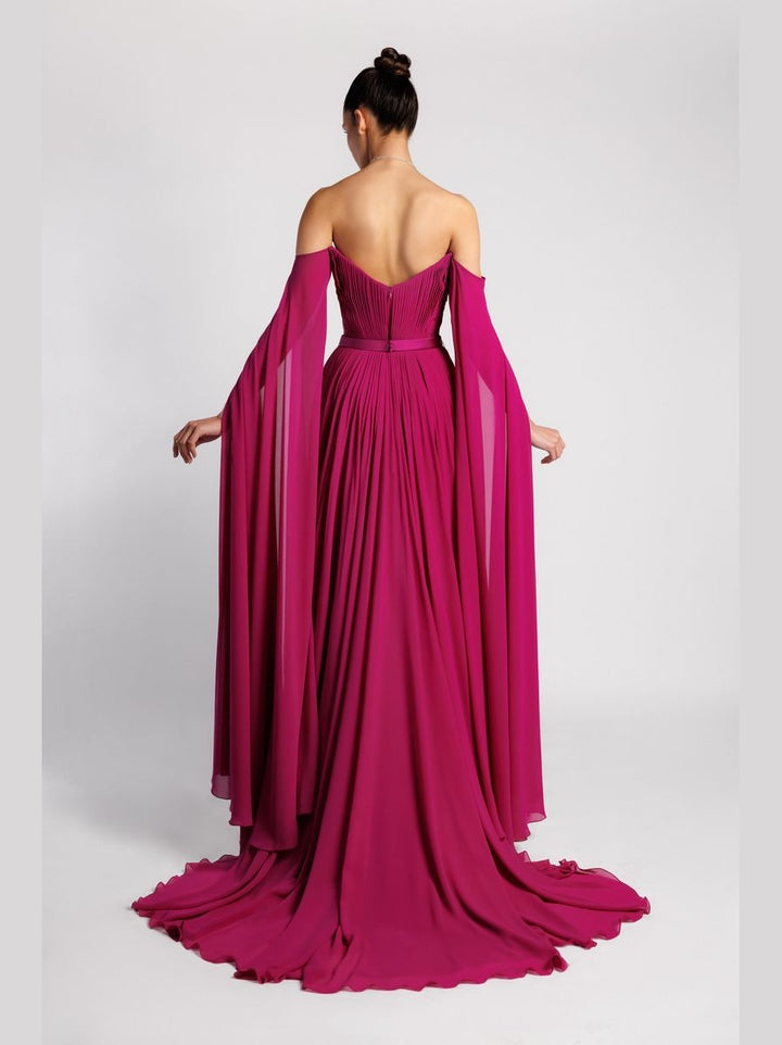 Swarovski-Embellished Halter Evening Dress with Pleated Cape Sleeves