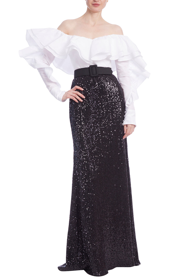 Taffeta Ruffle Sleeve Sequin Dress