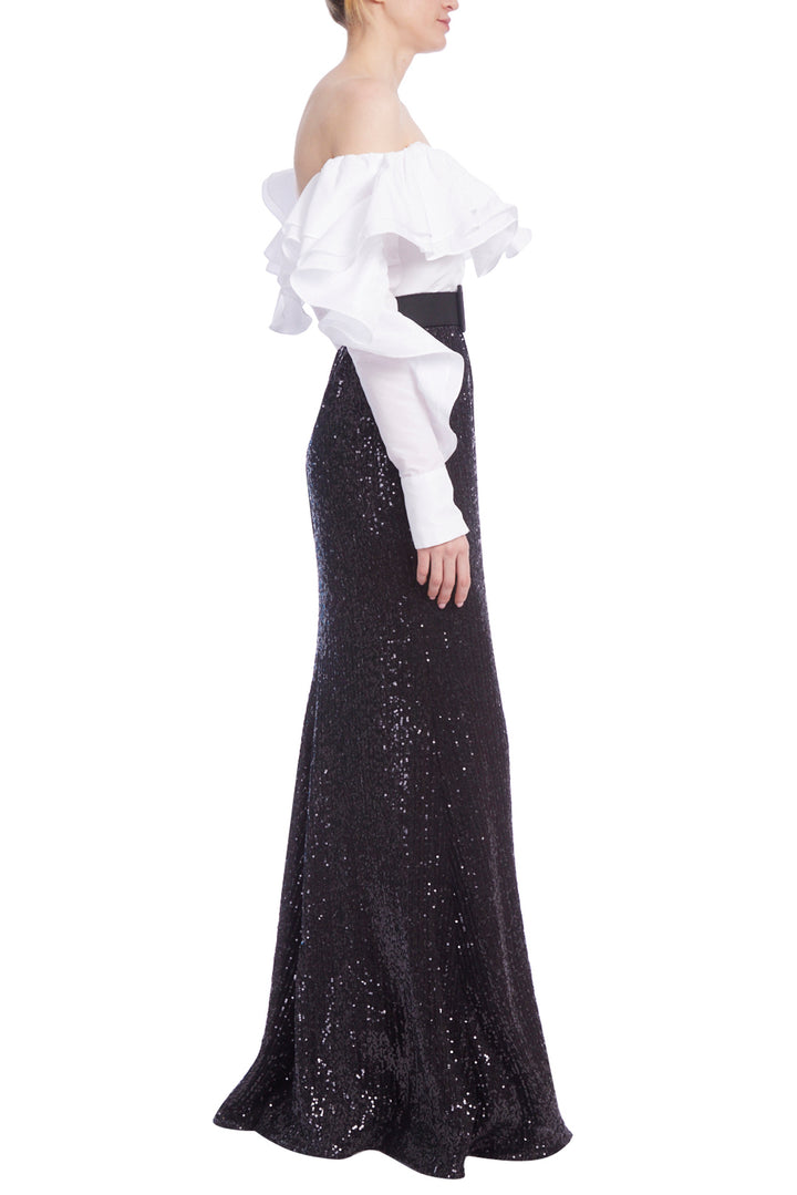 Taffeta Ruffle Sleeve Sequin Dress