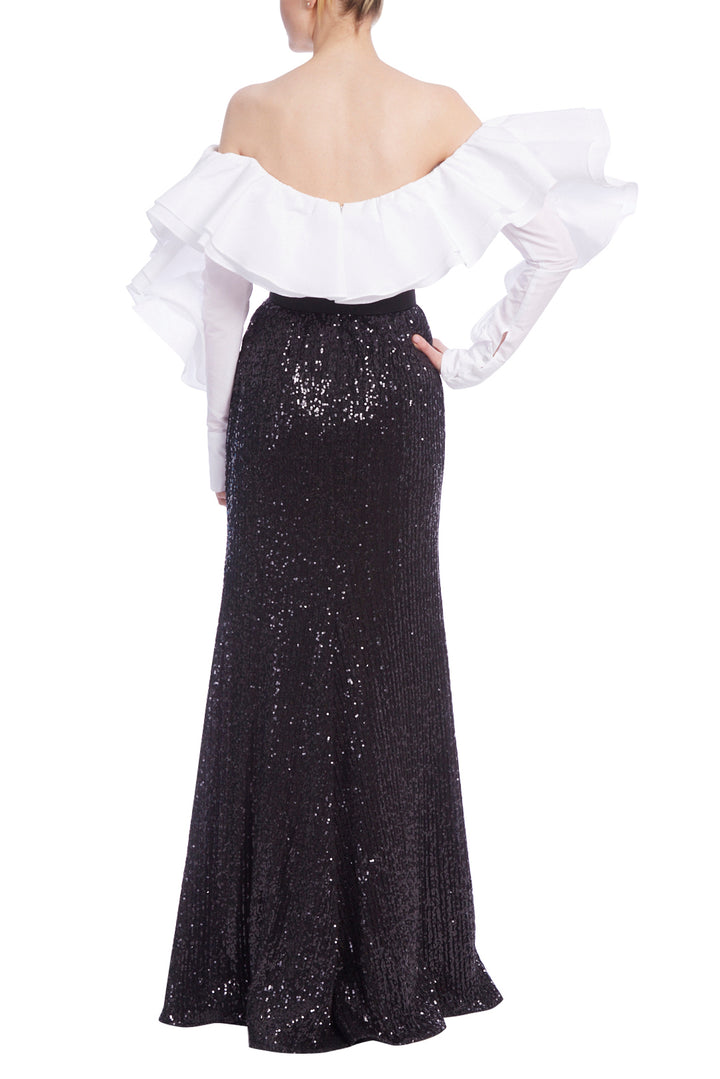 Taffeta Ruffle Sleeve Sequin Dress