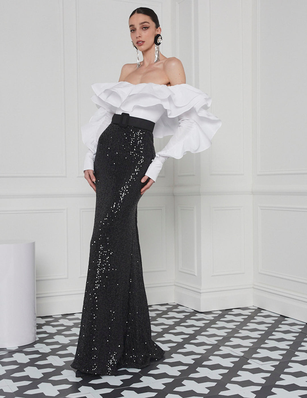 Taffeta Ruffle Sleeve Sequin Dress