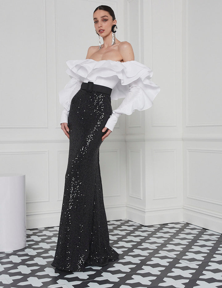 Taffeta Ruffle Sleeve Sequin Dress