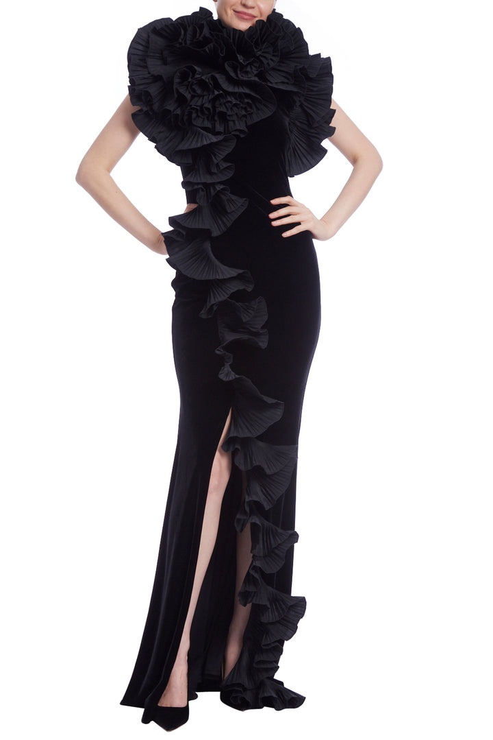 Taffeta Ruffle Velvet Gown