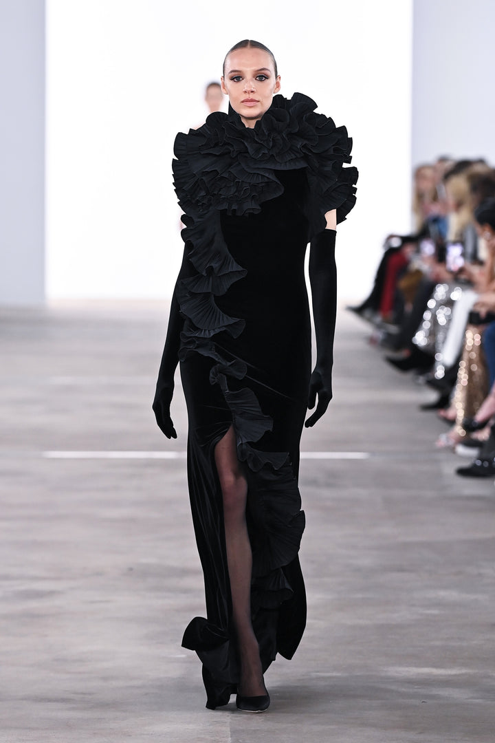 Taffeta Ruffle Velvet Gown