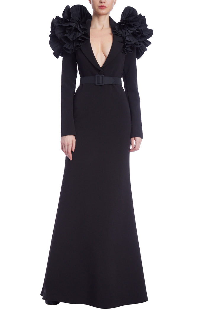 Long Sleeve Shoulder Ruffle  Gown