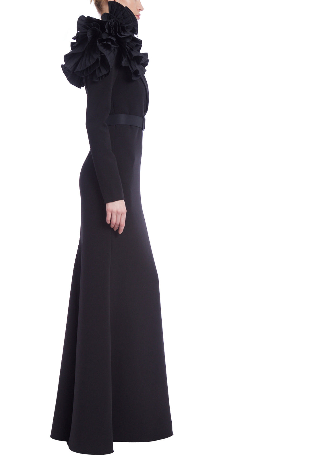 Long Sleeve Shoulder Ruffle  Gown