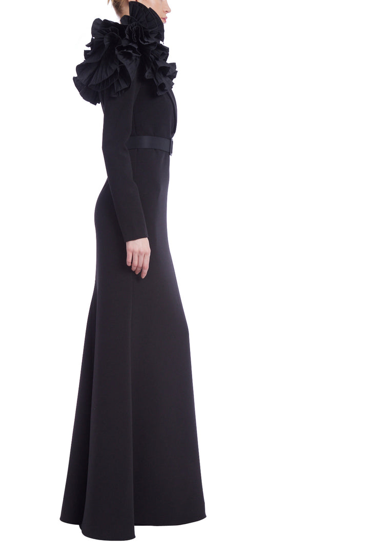 Long Sleeve Shoulder Ruffle  Gown