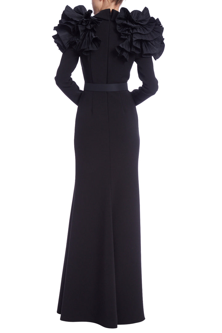 Long Sleeve Shoulder Ruffle  Gown