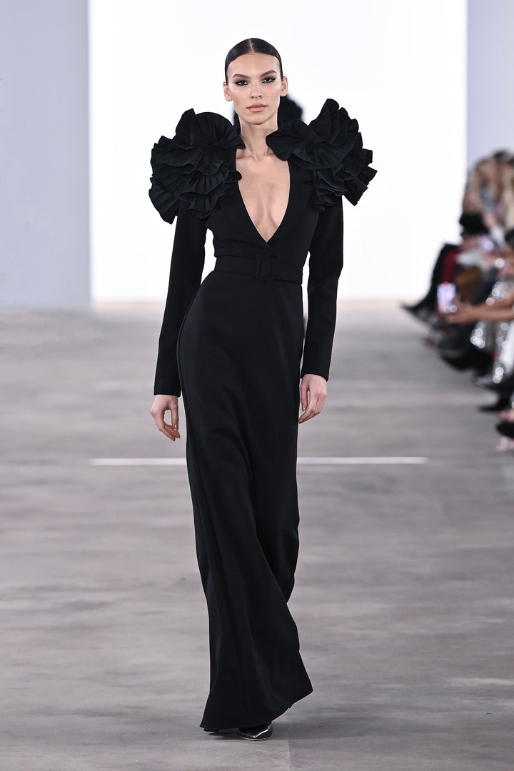 Long Sleeve Shoulder Ruffle  Gown