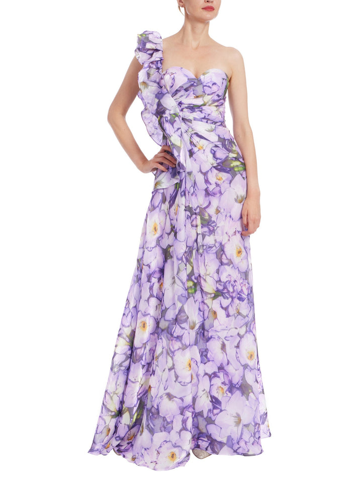 Ruffle One Shoulder Floral Gown