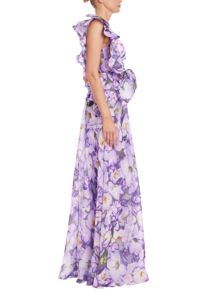 Ruffle One Shoulder Floral Gown