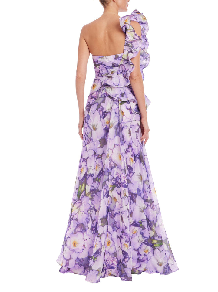 Ruffle One Shoulder Floral Gown